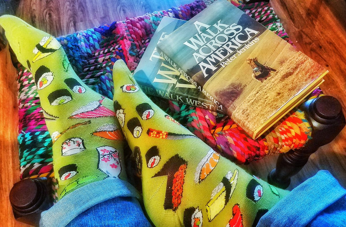 BaldLibrarian's tweet photo. Sushi socks for #sockweek, along with one of my most fave books: A Walk Across America, by Peter Jenkins. One of the best! #waltriphighschool #baldlibrarian #wwblr #whatwouldbaldlibrarianread #rambrary #hisdlibrariesnow #waltripreads #ramnation https://t.co/553U5wFvoJ