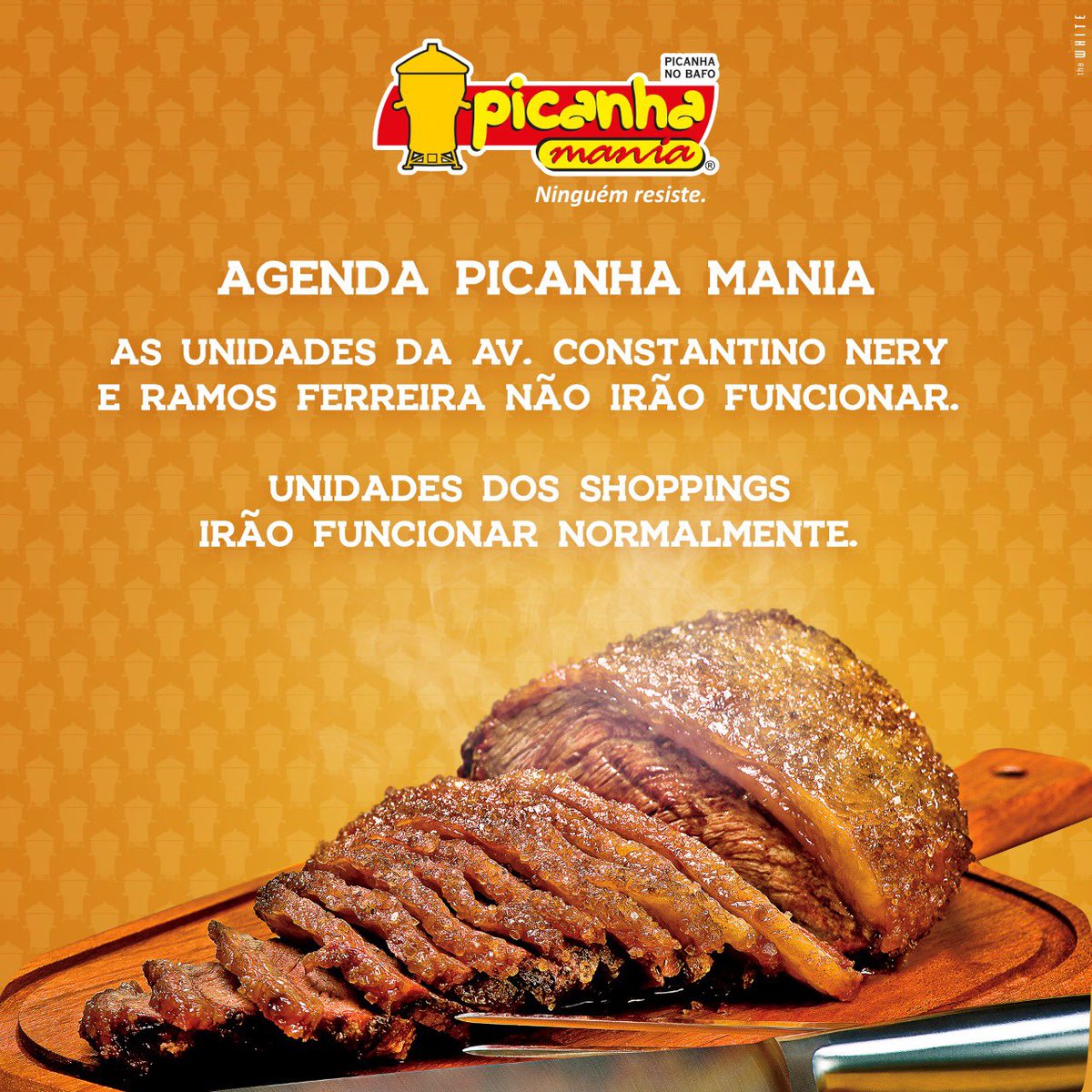 PicanhaMania's tweet photo. Amanhã é feriado. Mas a gente não deixa de atender você. Vamos abrir somente nas unidades dos shoppings 😉 #picanhamania https://t.co/ztU1ZGkwr3