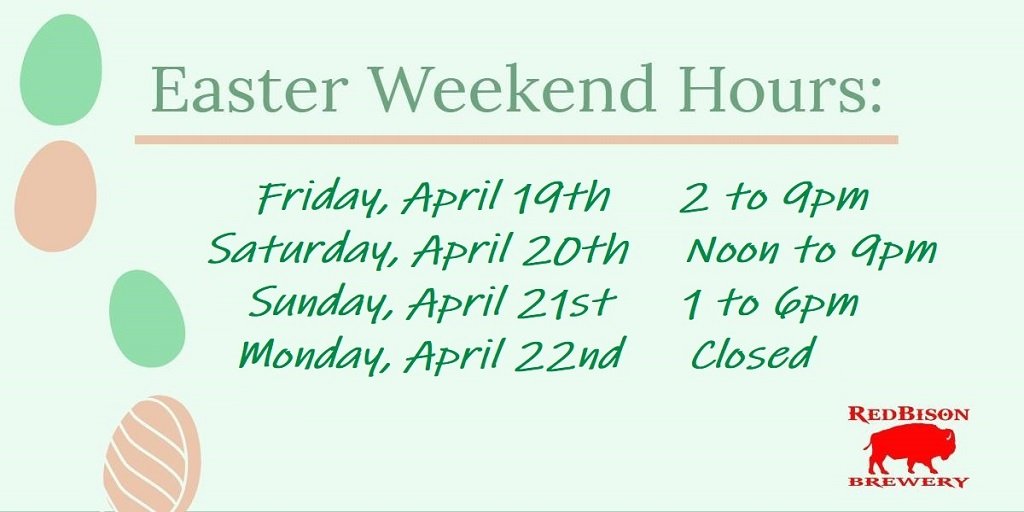 redbisonbeer's tweet photo. Have a safe and happy Easter holiday! We are ready to full fill your beer needs over the long weekend! 🐰🙂
And our #happyhour is on as usual:
Thu-Fri: 3-6pm
Sun: ALL DAY
#YYCBeer #CalgaryBeer #ABBeer #YYCEaster #YYCDrinks #CraftBeer #RedBison #drinklocal #calgarybreweries https://t.co/PgszXxF9NN