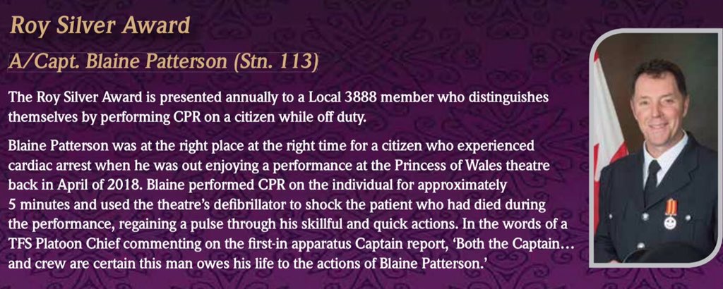 TPFFA's tweet photo. This year’s Roy Silver Award will be presented to A/Capt. Blaine Patterson (Stn. 113) for his selfless actions while off-duty, saving someone’s life by performing CPR and defibrillation before help arrived. Well done Blaine. 👏 #TPFFAgala19 #Toronto https://t.co/j64o40Ryie