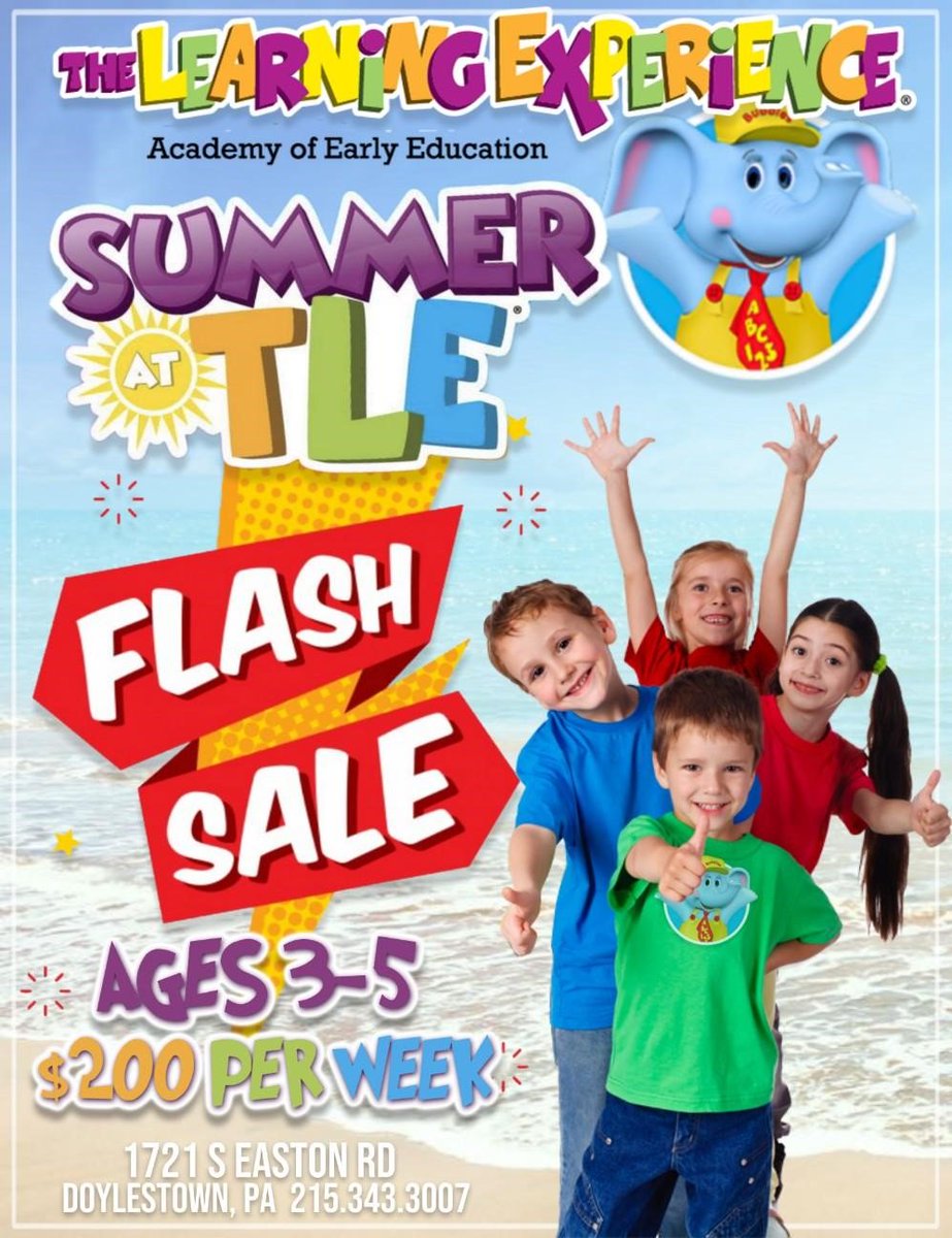 TLEdoylestown's tweet photo. SUMMER CAMP FLASH SALE! $200 a week!
Ages 3-5! Stop by anytime for a tour, no appointment necessary! Ends 4/30/19 #TLEdoylestown #CampTLE #SummerCamp https://t.co/XdHS6hpEbT