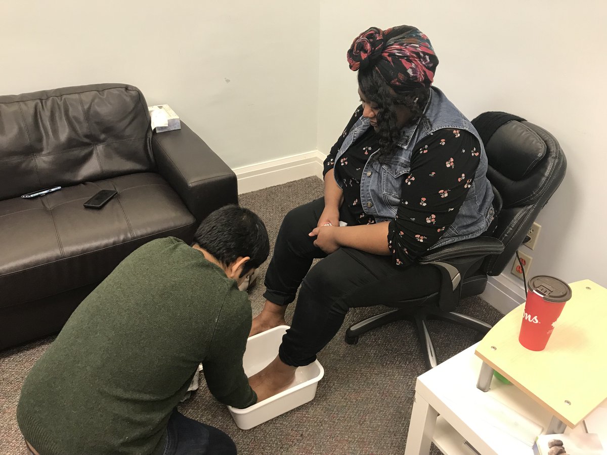 For prayer today, Vanessa led us in washing each other's feet. What a great reminder of Jesus' sacrificial love as we head into Easter. Read more on His example in John 13! How are you reminded of His loving sacrifice this Easter weekend? #faith #servanthood