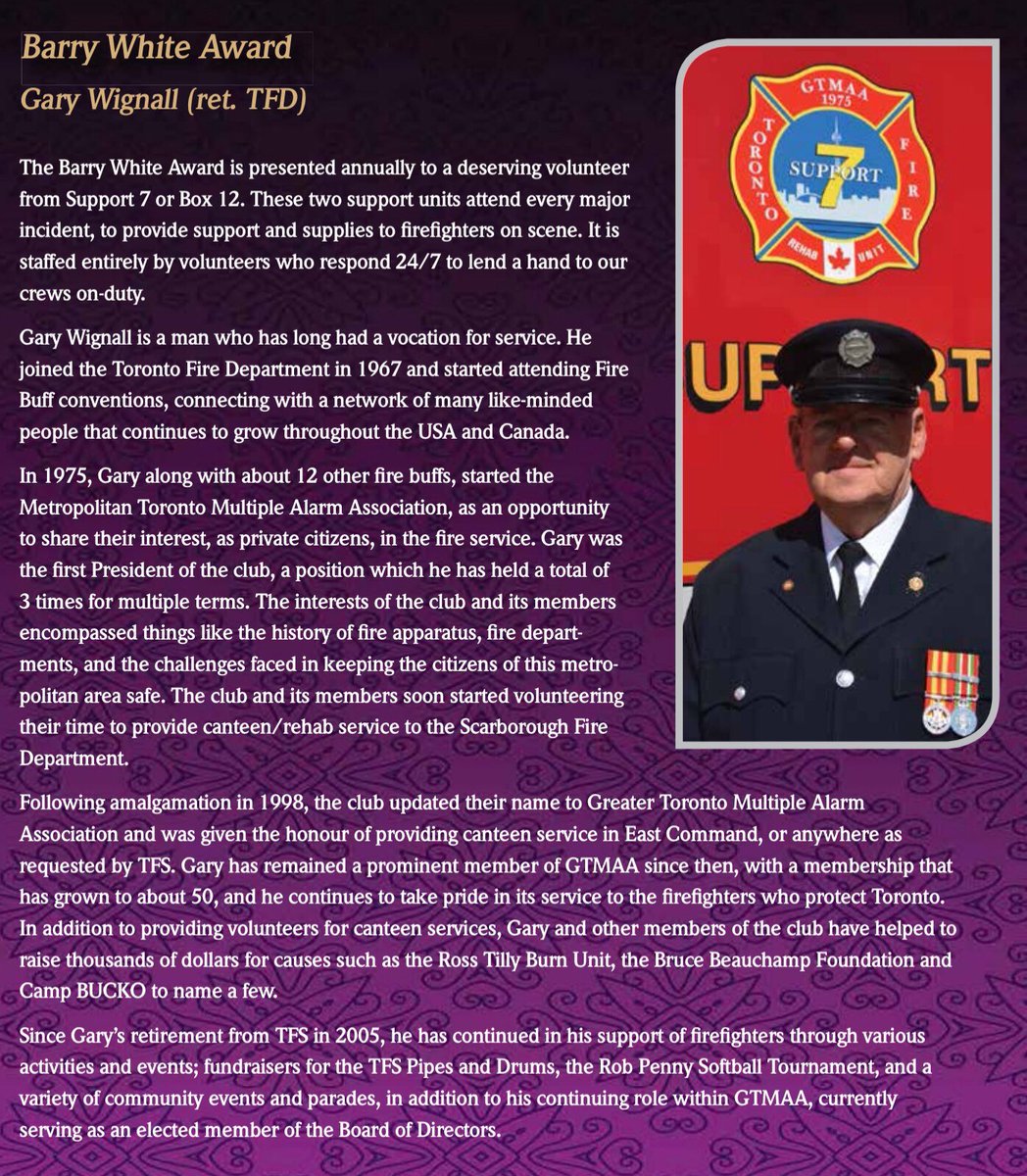 TPFFA's tweet photo. The Barry White Award is presented annually to a deserving volunteer from Support 7 (@GTMAA) or Box 12 (@Box12Assn). Gary Wignall is a man who has long had a vocation for service and the award is certainly well-deserved. Congratulations and thank you. 👏 #TPFFAgala19 #Toronto https://t.co/nKzFIQar0i