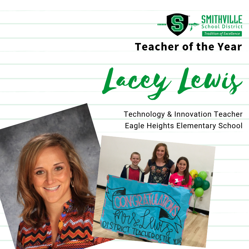 SmithvilleSD's tweet photo. Teacher of the Year Announcement: Mrs. Lacey Lewis, Technology &amp; Innovation Teacher at @EHEWarriors is SSD's Teacher of the Year! Thank you for all that you do for our school family! You are awesome! Congratulations, Mrs. Lewis! #ssdpride https://t.co/qRqYyz40By