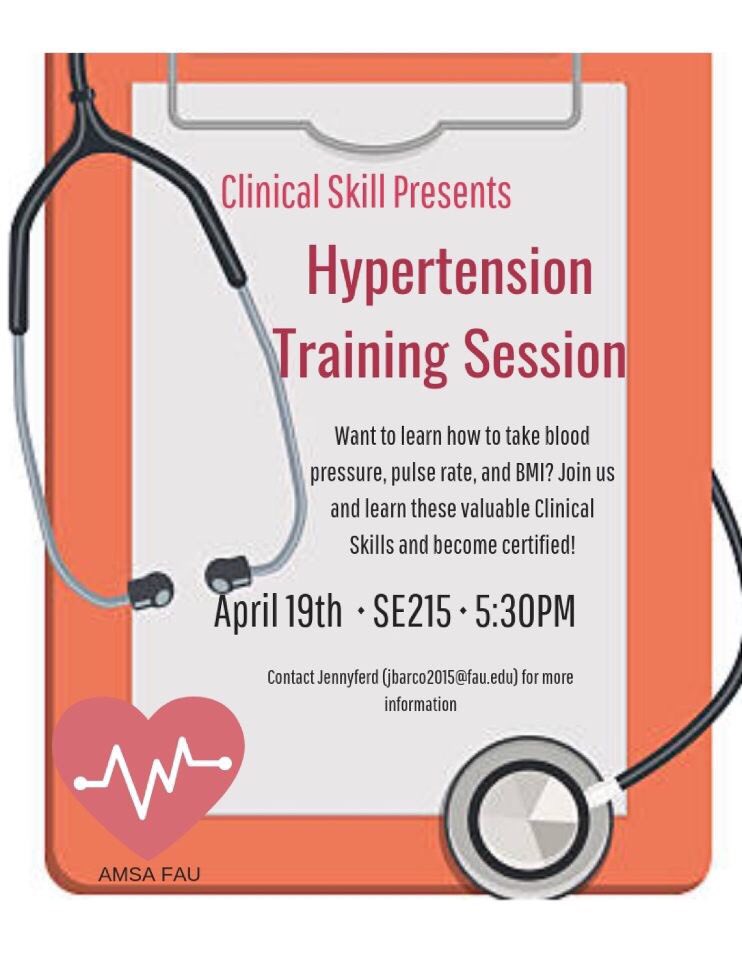 Want to learn how to take blood pressure, BMI and pulse rate? Come out to our hypertension training session at 5:30pm in SE215! Hope to see you there!