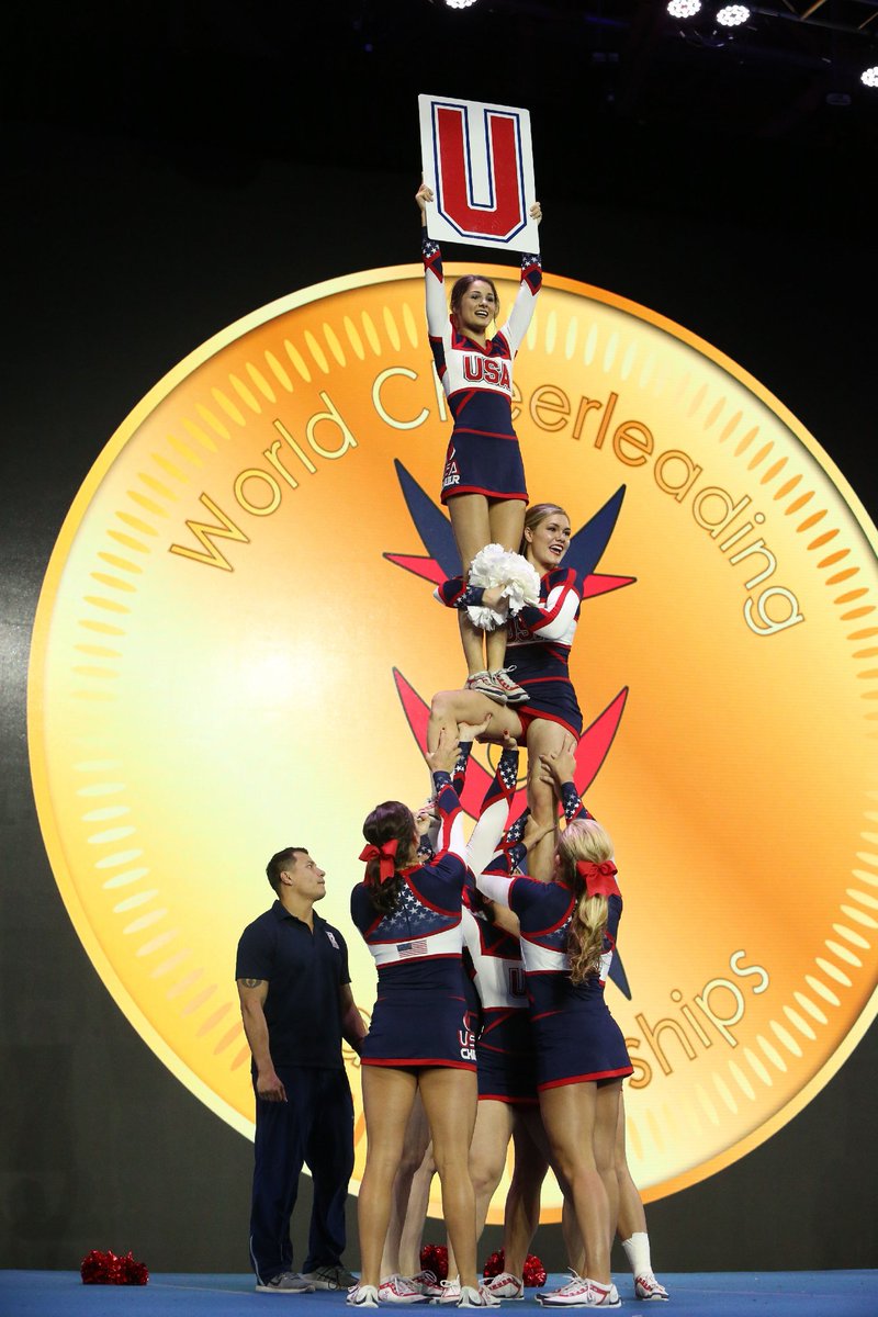 cheerleadermag's tweet photo. #TBT to the ICU World Cheerleading Championships last year! Teams take the floor next week for this year's world championship-- RT to wish the USA luck! #USAcheer @USAcheer https://t.co/msLIL70yhN