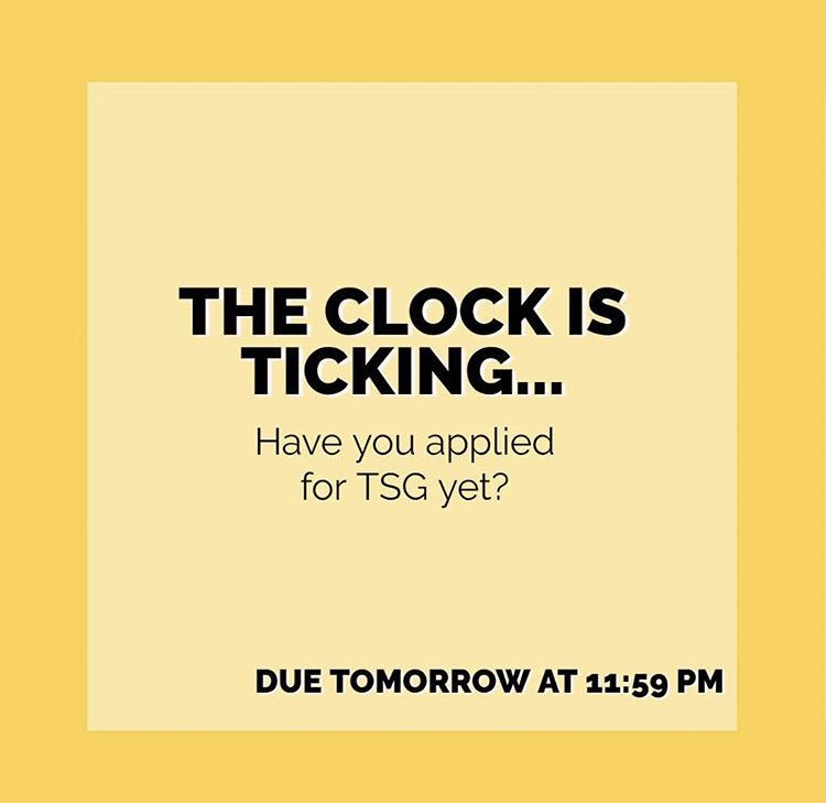 Becoming_TU's tweet photo. TIK TOK on the clock... finish the lyric, but in all seriousness, TSG applications are due TOMORROW, April 19th at 11:59 p.m. Click the link below to apply!
https://t.co/1HYxklE1vM https://t.co/uUD5wGeedc