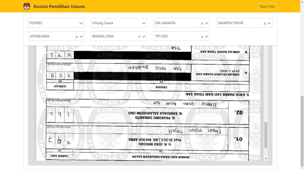 @Efipuspitadewi2 <a href="/prabowo/">Prabowo Subianto</a> <a href="/prabowo/">Prabowo Subianto</a> MANIPULASI KPU di TPS 93 - Kel. Bidara Cina - Kec. Jatinegara - Jakarta Timur

Data Form C1:
Perolehan 01 = 47
Perolehan 02 = 162

Tapi di web KPU:
Perolehan 01 = 180
Perolehan 02 = 56 👇

TPS LAINNYA MASIH BANYAK HAL SERUPA

#INAelectionObserverSOS