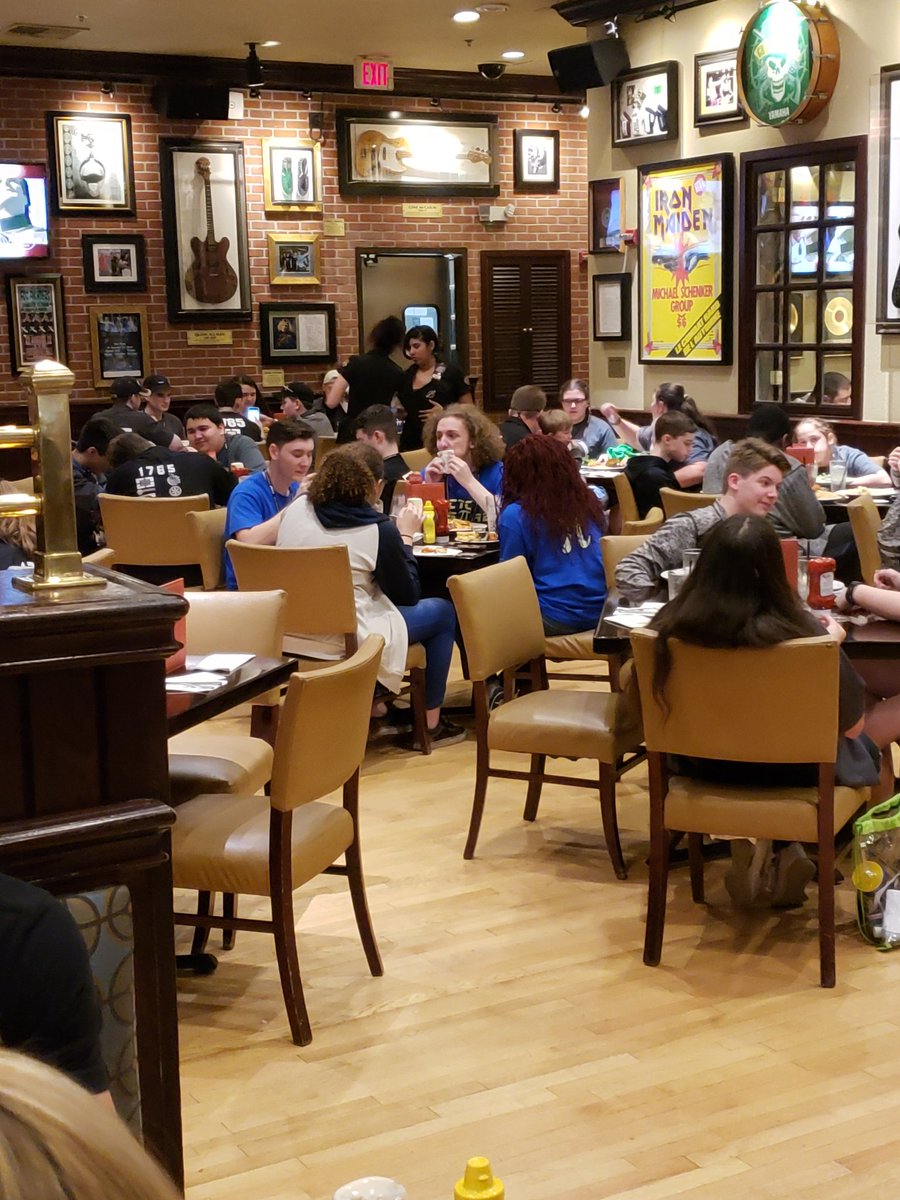 FRC5801's tweet photo. Taking some time to have dinner with our friends @1785Robocats #FIRSTChamp #HardRockHouston #FIRSTChamp https://t.co/OWFoggxxOZ