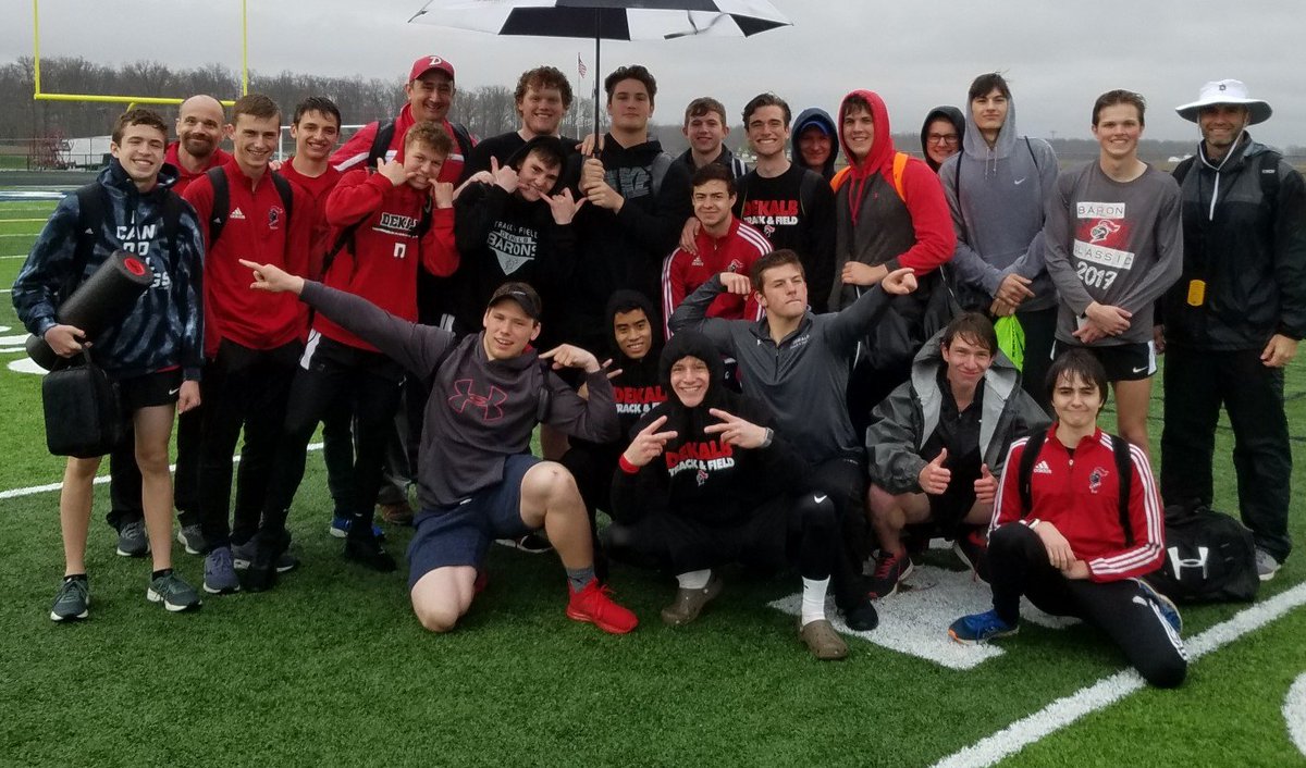 BaronTrack's tweet photo. The Boy's Track team took second place at the Heritage Relays! Way to compete in the conditions! #WeAreDeKalb #trackweather https://t.co/mqh66hp9Ny