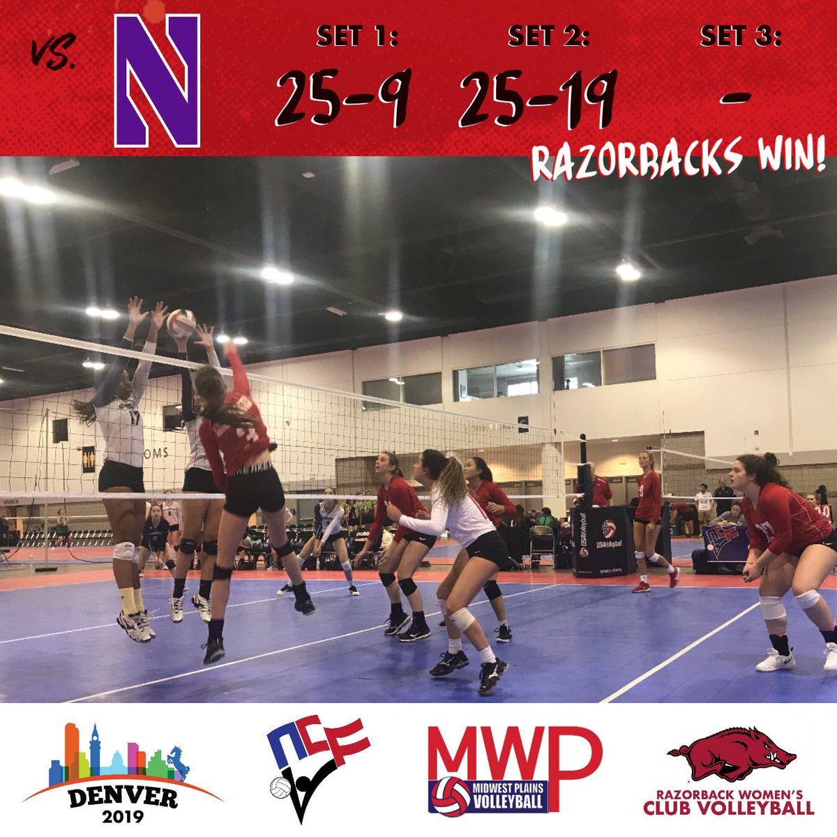 razorbackwcvb's tweet photo. MATCH 1 RECAP:
Razorbacks sweep Northwestern (25-9; 25-19) to kick-off the @NCVF_Volleyball National Championships in Denver! #RazorbacksRising #RazorbackWCVB #NCVFNationals https://t.co/QJM3qSoegZ