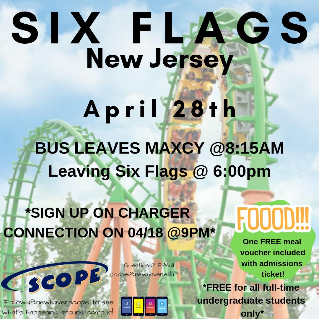 newhavenscope's tweet photo. Sign up for SCOPE's Six Flags trip TONIGHT at 9 PM. Link to sign up is on Charger Connection and here: https://t.co/Kit3hgJ6Nt https://t.co/HKzLbJk2Wv