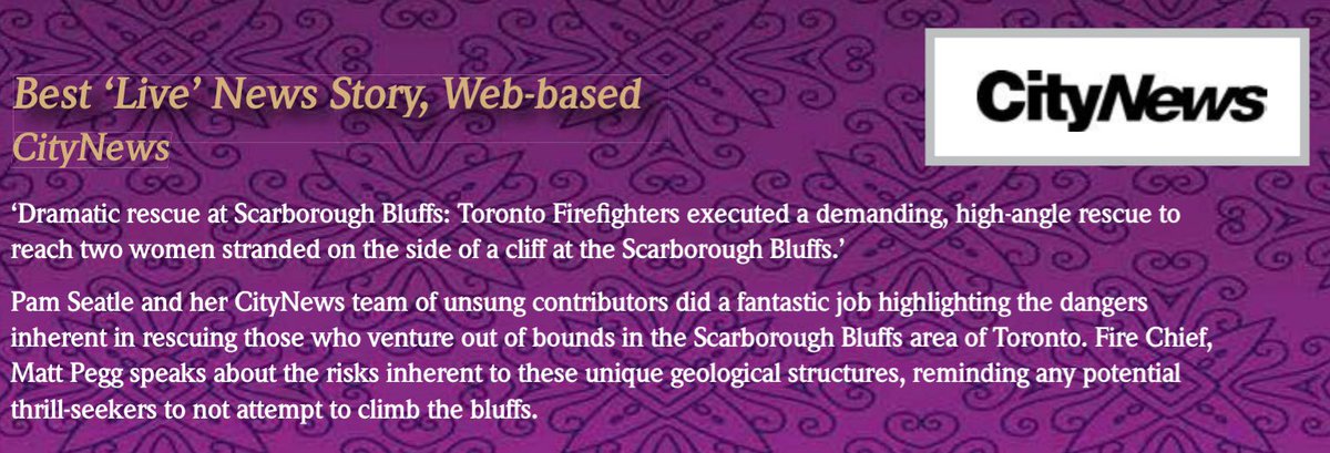 TPFFA's tweet photo. Best ‘Live’ News Story, Web-based - Congratulations @CityNews. 👏 A $500 donation to Camp BUCKO (@camp_bucko) will be made on your behalf.
‘Dramatic rescue at Scarborough Bluffs...’
##Toronto #TPFFAgala19 https://t.co/fm6tz9qkln