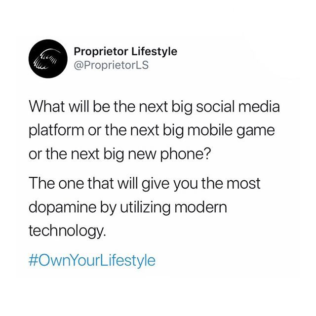 ProprietorLS's tweet photo. What comes first: the next big social media platform, mobile game or phone?
-
Not everyone can speak this language but those who understand the concept of dopamine and the opportunities that technology present in 2019 and beyond are primed for success #O… https://t.co/fR0ONGdONw https://t.co/8QeoyhB6ls