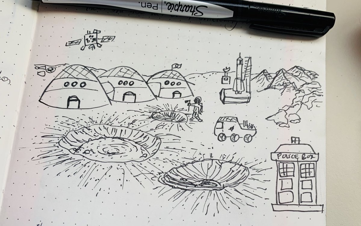 lucesmm's tweet photo. @caro_in_space @oscar6ojeda @AstroEngy @AnnaWieger This is a massive catch-up. All in one sketch I did during a boring meeting today. #30DaySpaceDC a human settlement, a satellite and rocket launch, a few craters and space in pop culture. https://t.co/GDPyS6tdkj