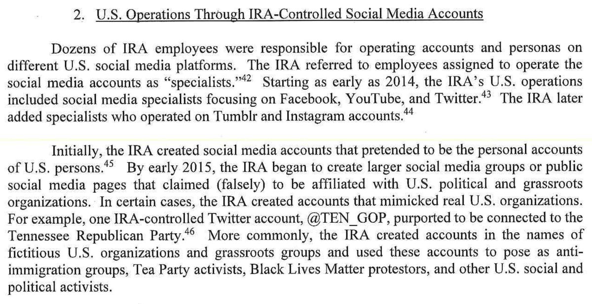 Dozens of IRA employees were responsible for operating accounts and personas on different U.S. social media platforms.
...
More commonly , the IRA created accounts in the names of fictitious U.S. organizations and grassroots groups and used these accounts to pose as antiimmigration groups, Tea Party activists, Black Lives Matter protestors, and other U.S. social and political activists.
