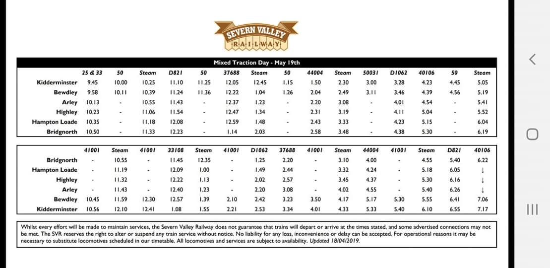 Mixed Traction Day follows the Diesel Gala on Sunday 19th May, screenshot of timetable plus link to download your own.
svr.co.uk/SEItem.aspx?a=…