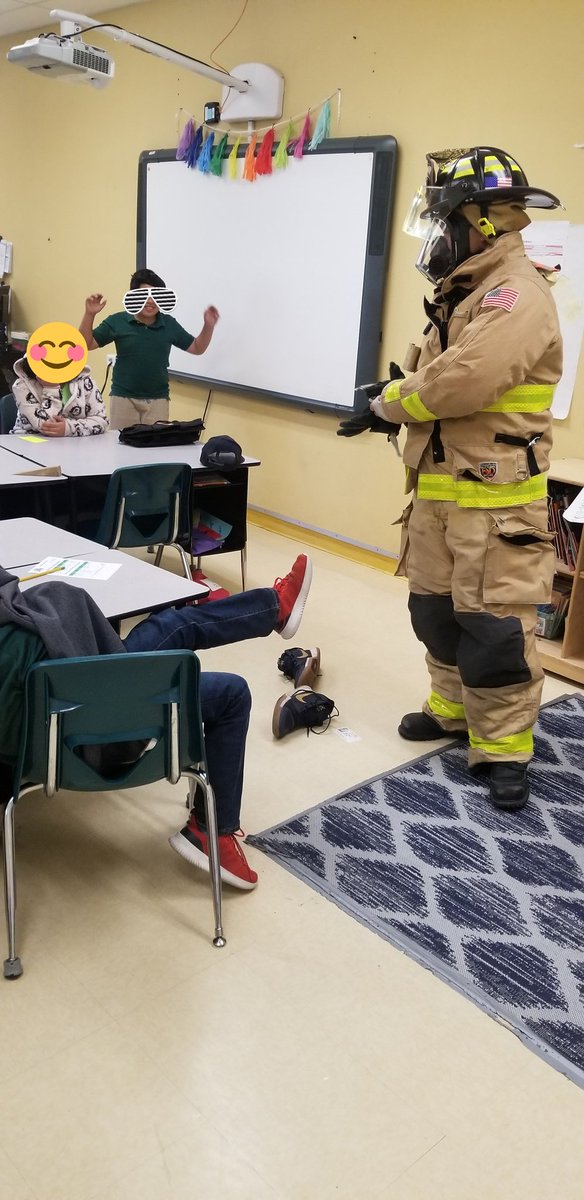 krios1022's tweet photo. My students were so excited to ask their questions and try on fire fighter gear! They were amazed at the connections they made from this weeks reading! #LPEPawsUp https://t.co/q6yxx3sjek