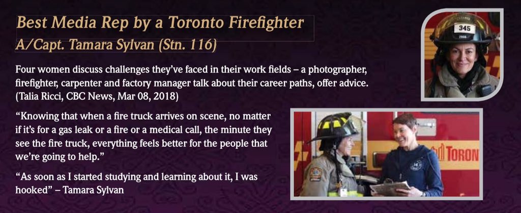 TPFFA's tweet photo. Best Media Representation by a Toronto Firefighter - Congratulations A/Capt. Tamara Sylvan (Stn. 116) 👏
"Knowing that when a fire truck arrives on scene, no matter if it's for a gas leak or a fire or a medical call..."
#Toronto #TPFFAgala19 https://t.co/mYGndgm7iA