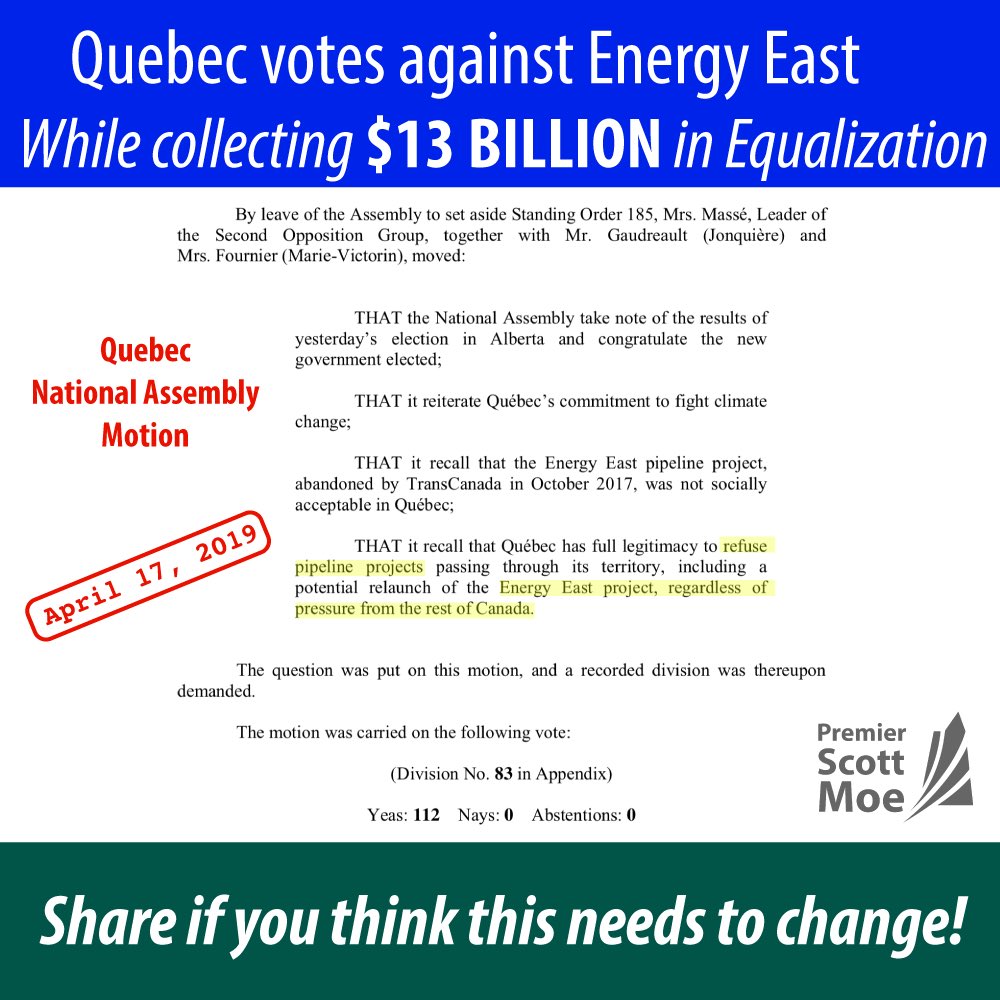 PremierScottMoe's tweet photo. Quebec unanimously votes in a motion that says there is “no social acceptability” for a pipeline like #EnergyEast through their province.

Wonder what the social acceptability is for $13 BILLION in Quebec equalization? https://t.co/VO65vDE1o3