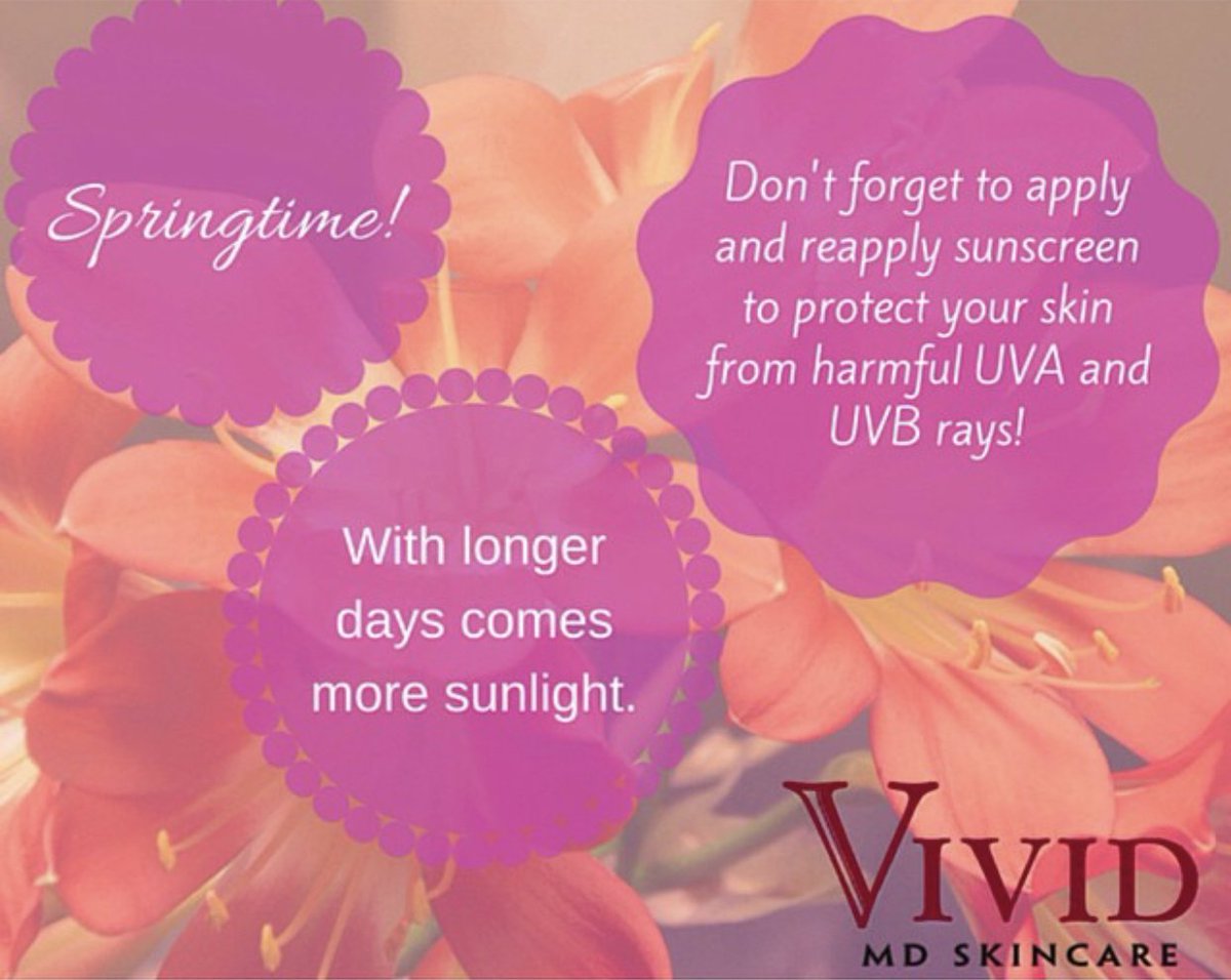 vividmdskincare's tweet photo. Who doesn’t love longer days? Don’t forget to apple and reapply sunscren.
.
.
#vividmdskincare #vivid #skincare #skincaretips #sunscreen #sun #longerdays #springtime #beauty #UVA #UVB #sunlight #skincancer #applysunscreen #clearskin https://t.co/FLqbDI2igW