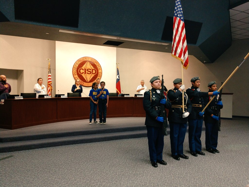 ClintISD's tweet photo. Tonight's Board Meeting opened with the Presentation of Colors by @ClintHSLions JROTC, Desert Hills Elementary students reciting the pledges and performances by the @RSEcowboys and @REMSFalcons Destination Imagination State Qualifying teams. https://t.co/kMFi9O9Lpn