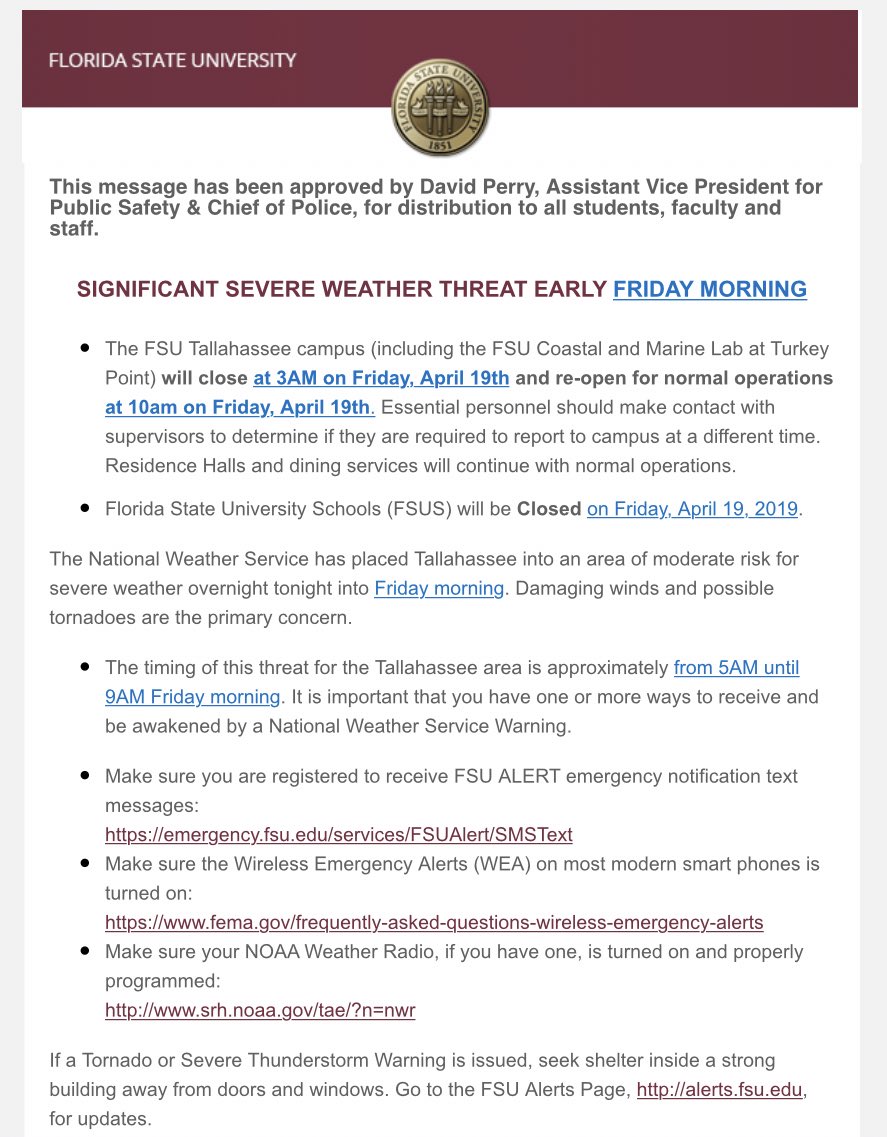 BrittneyBwx's tweet photo. BREAKING: Florida State University announces a closure from 3AM tonight until 10AM tomorrow due to severe weather. Great call FSU, let’s stay safe and be weather aware. Be sure to closely read this email for ways to get alerts! #FLwx #FSU #FSUWeather https://t.co/XN1uc6PLkC