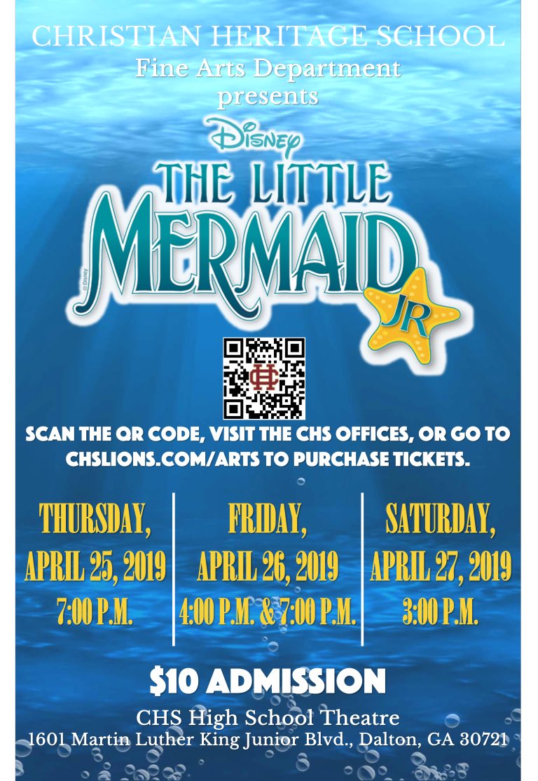 Opening night for our high school’s production of “The Little Mermaid JR.” is only one week away. You will not want to miss out on your chance to see this incredible show. Visit thelittlemermaid.pushpayevents.com to purchase tickets today! #chslions #lionpride #lifeofalion #artsthatinspire