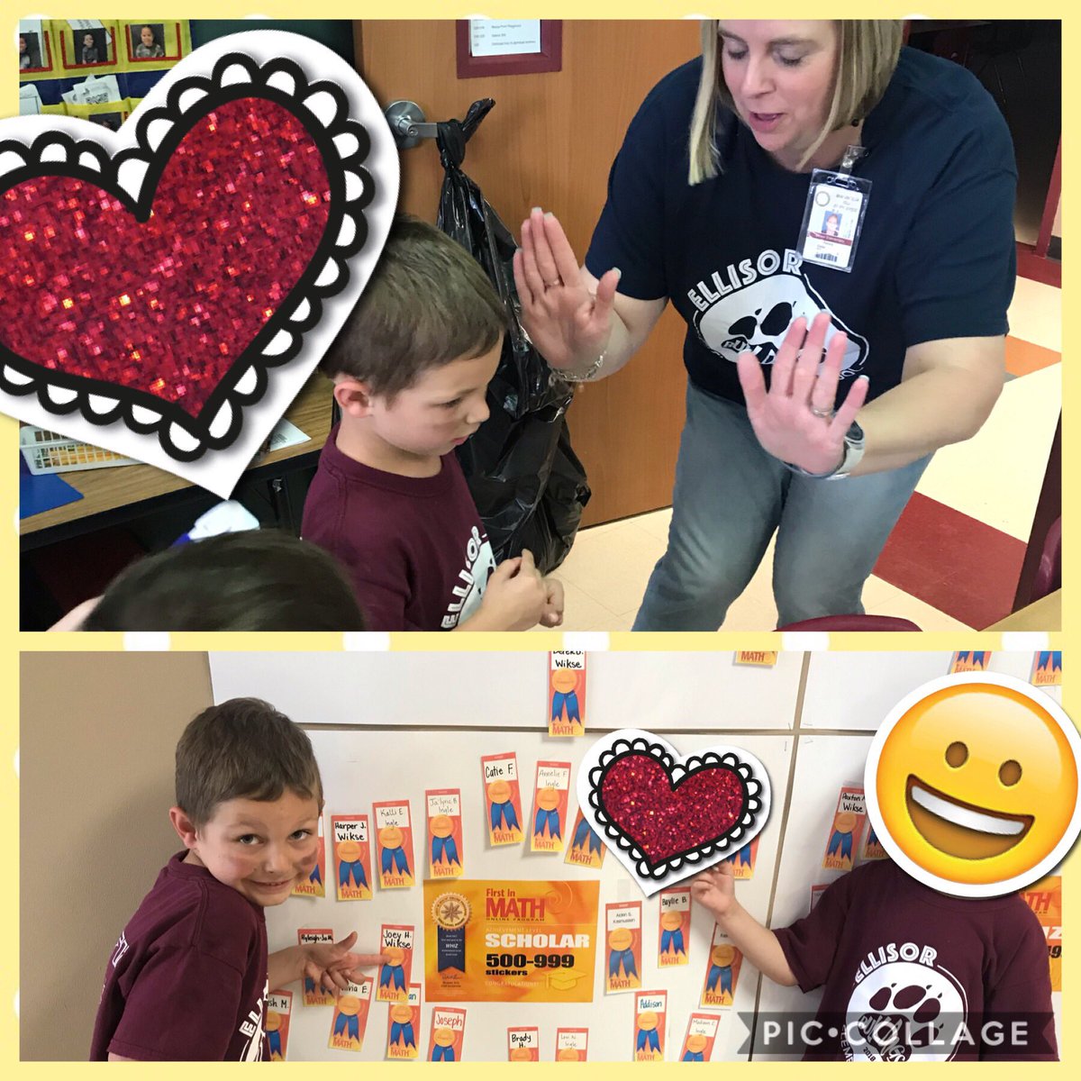 KadeeWikse's tweet photo. A big thank you to our math coach @POelschlegel for stopping by our room to hear these two new Wall of Famers brag about their accomplishment!! ✋🏻✋🏻Then they bragged in the office!! ➕office referrals are the best. @ellisorbulldogs @FirstInMath #ees1819 #risetothetop https://t.co/9cB3hrsX5L