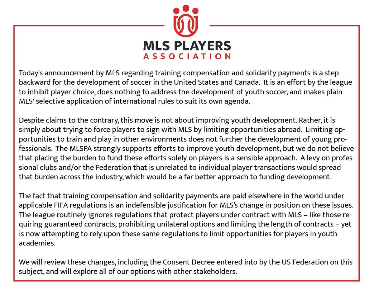 MLSPA's tweet photo. Statement on MLS announcement regarding training compensation and solidarity payments: https://t.co/C3SFxbeMUw https://t.co/RY3wFafcqL