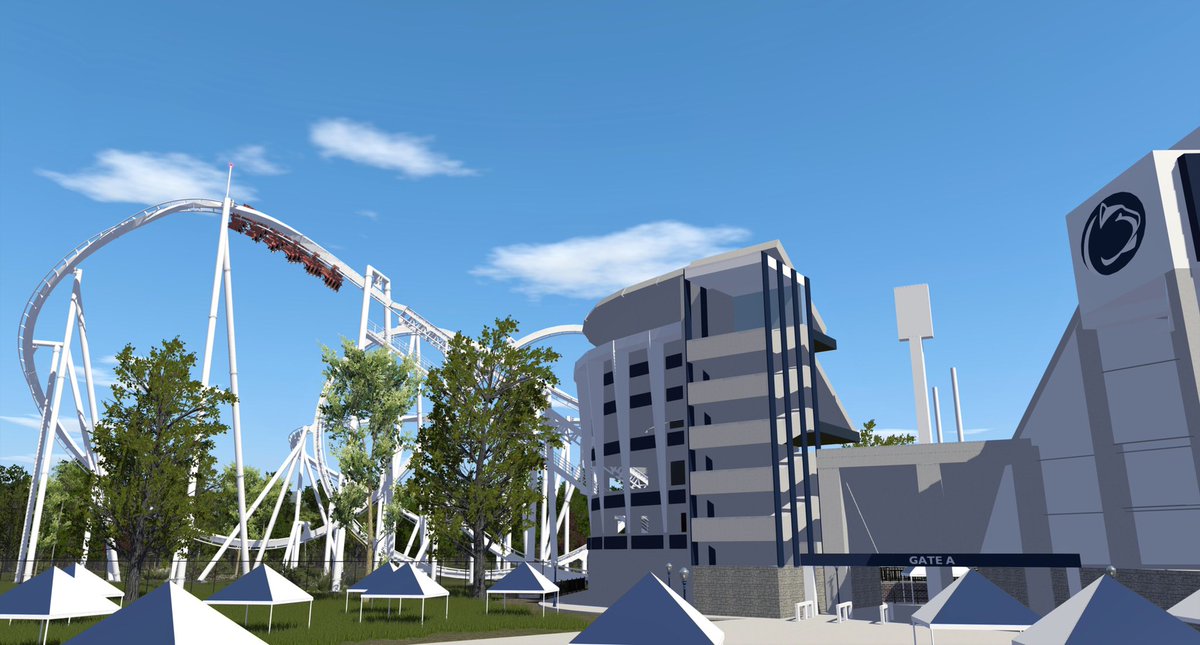 PennStateTPEG's tweet photo. @nolimitscoaster How about a #screenshotsaturday entrance by Penn State TPEG? This is the White Loop, a B&amp;M launched flying coaster themed to our football team and meant to simulate flight of a football! Video coming soon! https://t.co/j83yazdjEB