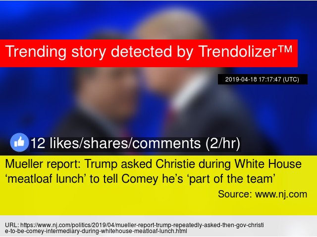Christielizer's tweet photo. Mueller report: Trump asked Christie during #WhiteHouse ‘meatloaf lunch’ to tell Comey he’s ‘part of the... https://t.co/FIhA1IEd9d https://t.co/uh1qzy8V2P