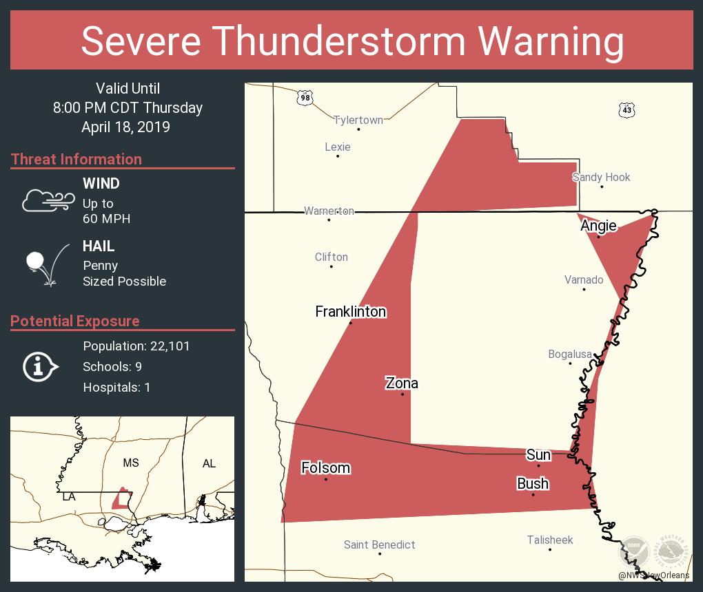 NWSSevereTstorm's tweet photo. Severe Thunderstorm Warning including Franklinton LA, Folsom LA, Sun LA until 8:00 PM CDT https://t.co/c9YdRhpfP2