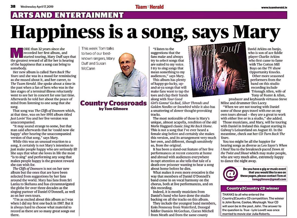 MaryDuff_Singer's tweet photo. Thanks to Tom Gilmore for the nice interview in the @TuamHerald #turnbacktheyears #tuamherald https://t.co/Ol0niZMh5B