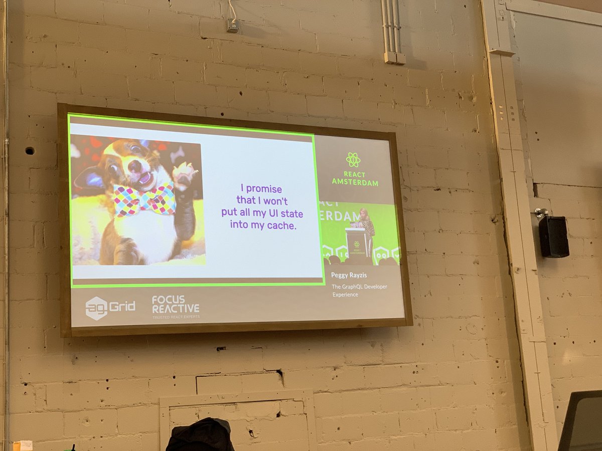 BrianMitchL's tweet image. "I promise that I won't put all my UI state into my cache."
We're watching @peggyrayzis's talk from React Amsterdam at @ReactMpls!
