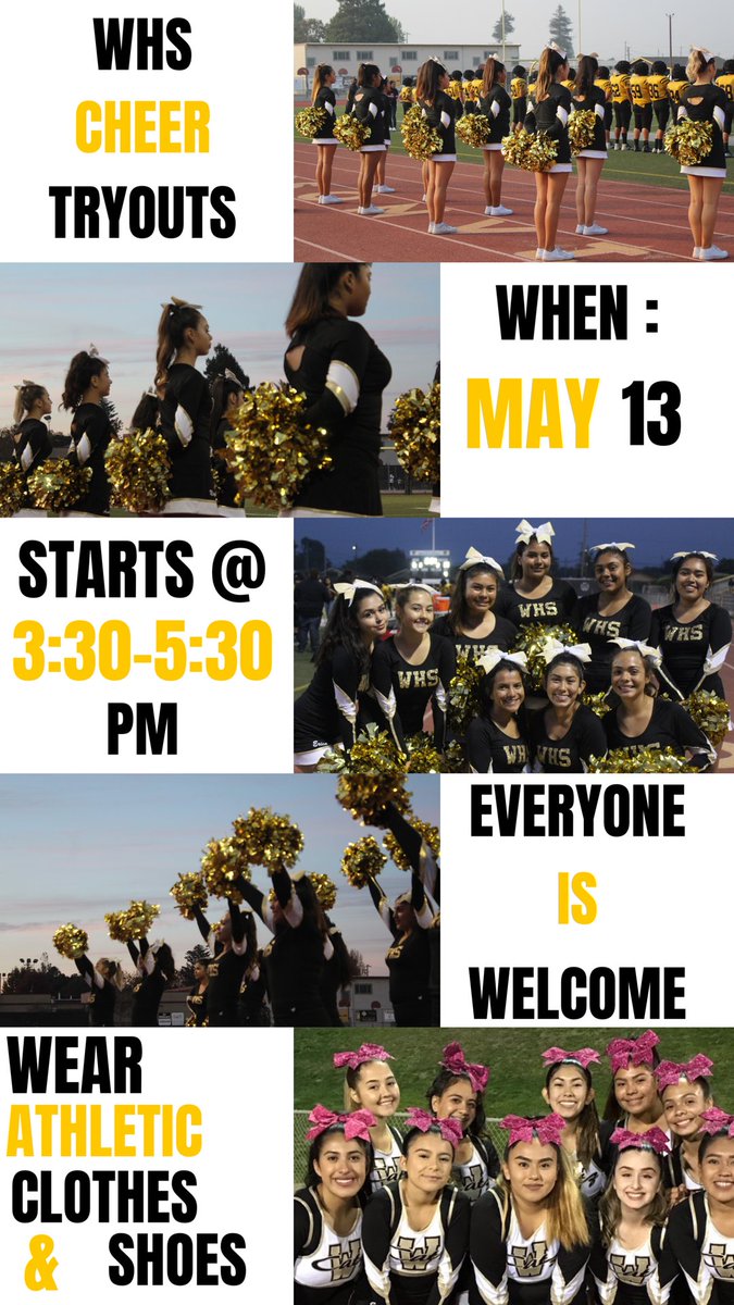 WHS Cheer Tryouts:
Monday May 13: Mandatory practice 3:30-5:30
Wednesday May 15: Tryouts start at 3:30
Meet in Old Gym. Wear athletic clothes and shoes, bring water. <a href="/WHSKatzNews/">WHS Katz News</a> <a href="/WHSWildcatz/">Willie Wildcat</a> <a href="/WildcatzASB/">WHSActivities</a> <a href="/CatzAthletics/">Wildcatz Athletics</a>