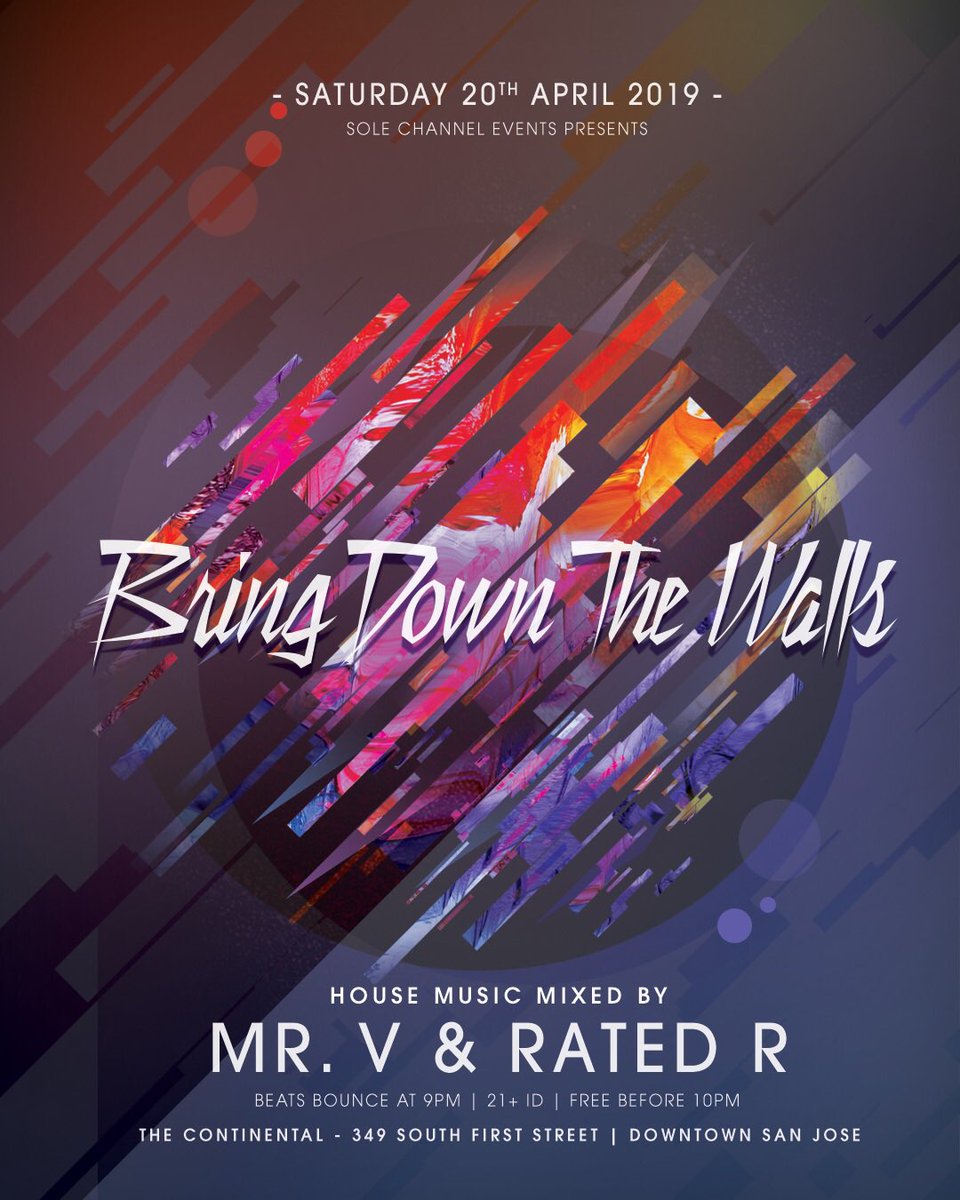 djmrv's tweet photo. This Saturday Easter Weekend.
At @Continental_Bar ๐๐ผ
BRING DOWN THE WALLS.
Beats begin at 9pm | Free b4 10pm
EXPERIENCE.
#thecontinentalbar #dtsj #bringdownthewalls #housemusic #sofadistrictsanjose #sanjose #sanjosecalifornia #downtownsanjose #SanJoseNightlife #Music https://t.co/fz25TB0VNm