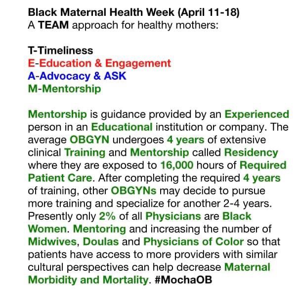 DrFatuForna's tweet photo. Black women are dying in childbirth at a rate nearly 4 times greater than other women in the US. We are working to create a TEAM to support our Mamas and keep them safe.
#BlackMaternalHealthWeek
#BlackMaternalMortality
#BlackMamasMatter
#BlackBirthsMatter
#MochaOB
#ACOG https://t.co/vCZn2rSkrN
