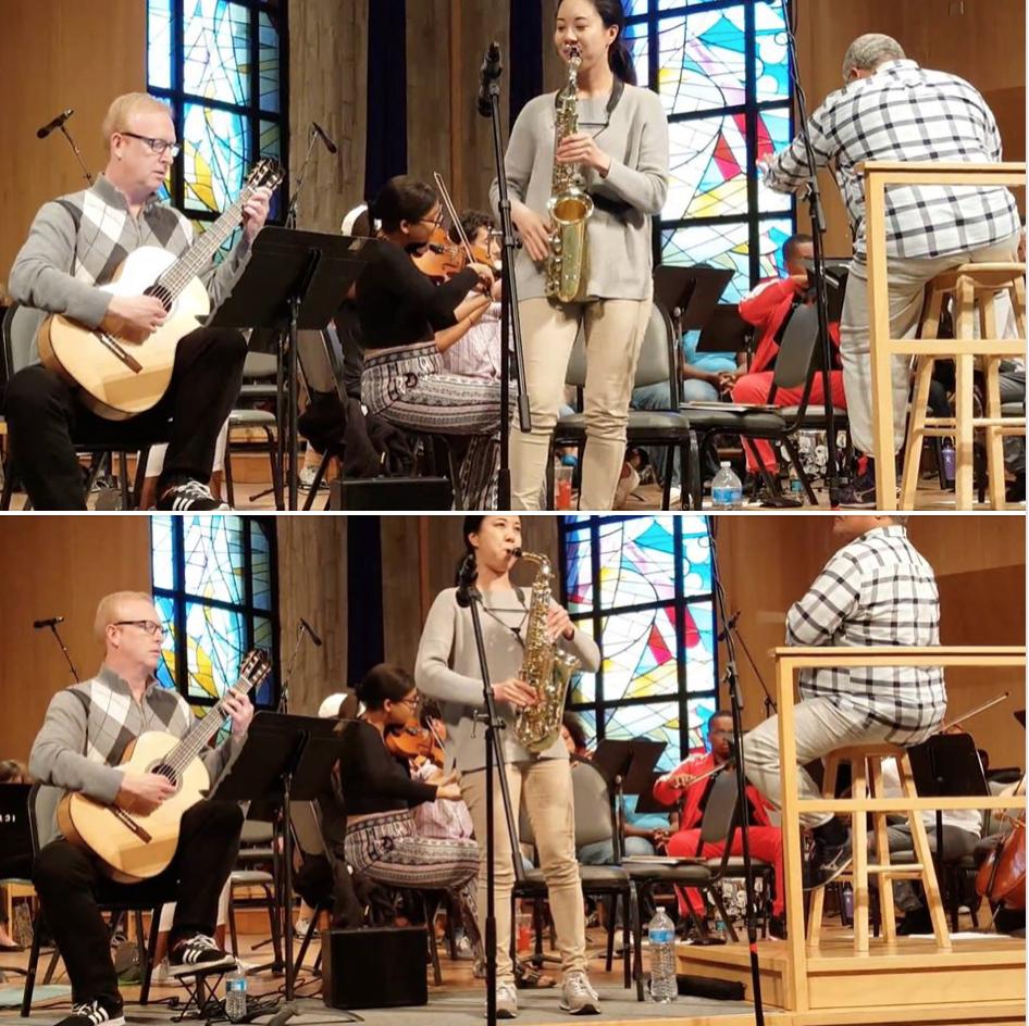 chika_scott's tweet photo. Rehearsing for this weekend's concert with @icyola_ #classicalguitar #ICYOLA #saxophone #schubert https://t.co/xZSwlsHUis