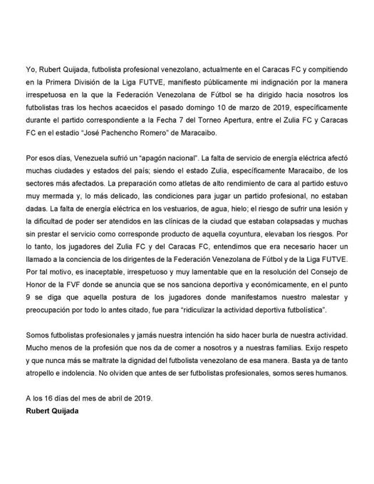 LDR_CFC's tweet photo. Comunicado del capitán del @Caracas_FC @rubertq6 con respecto a la falta de respeto del ente federativo que calificó de manera irresponsable y errónea una legítima protesta en medio de circunstancias inaceptables en las cuales obligaban a jugar. #MúltameEste8xxxD #PutaFVF https://t.co/dhSuv5InwK