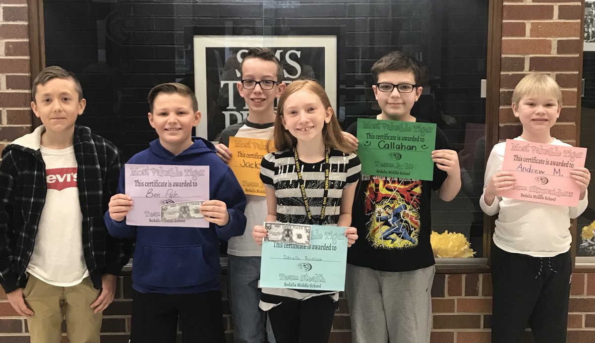 SedaliaMiddle's tweet photo. Check out this week's Most Valuable Valuable Tigers! Thanks for being awesome in April tigers! @SEDALIASCHOOLS 

Blackhawks: Ben Shpyrka
Apache: Ben Pyle
Falcons: Jackson Horn
Stealth: Danielle Burkhart
A-10: Callahan Gartner
Skyraiders: Andrew Merchant https://t.co/O327yV65Kd