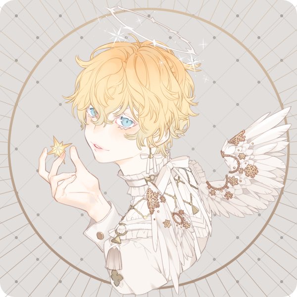 Made an angel OC on picrew! His name is Luca and I designed his outfit based on the picrew design ? he has 4 eyes but 2 are hidden by his fringe ?? 