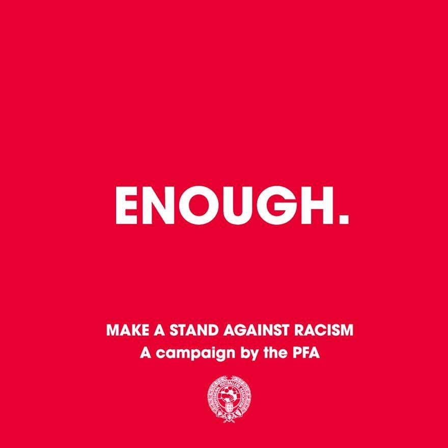 #Enough

We are making a stand against racist abuse.

We recognise that our platforms come with responsibility, and so we are using our voice to stand against racist abuse.

Together, we are calling on social media platforms and footballing bodies to do more!