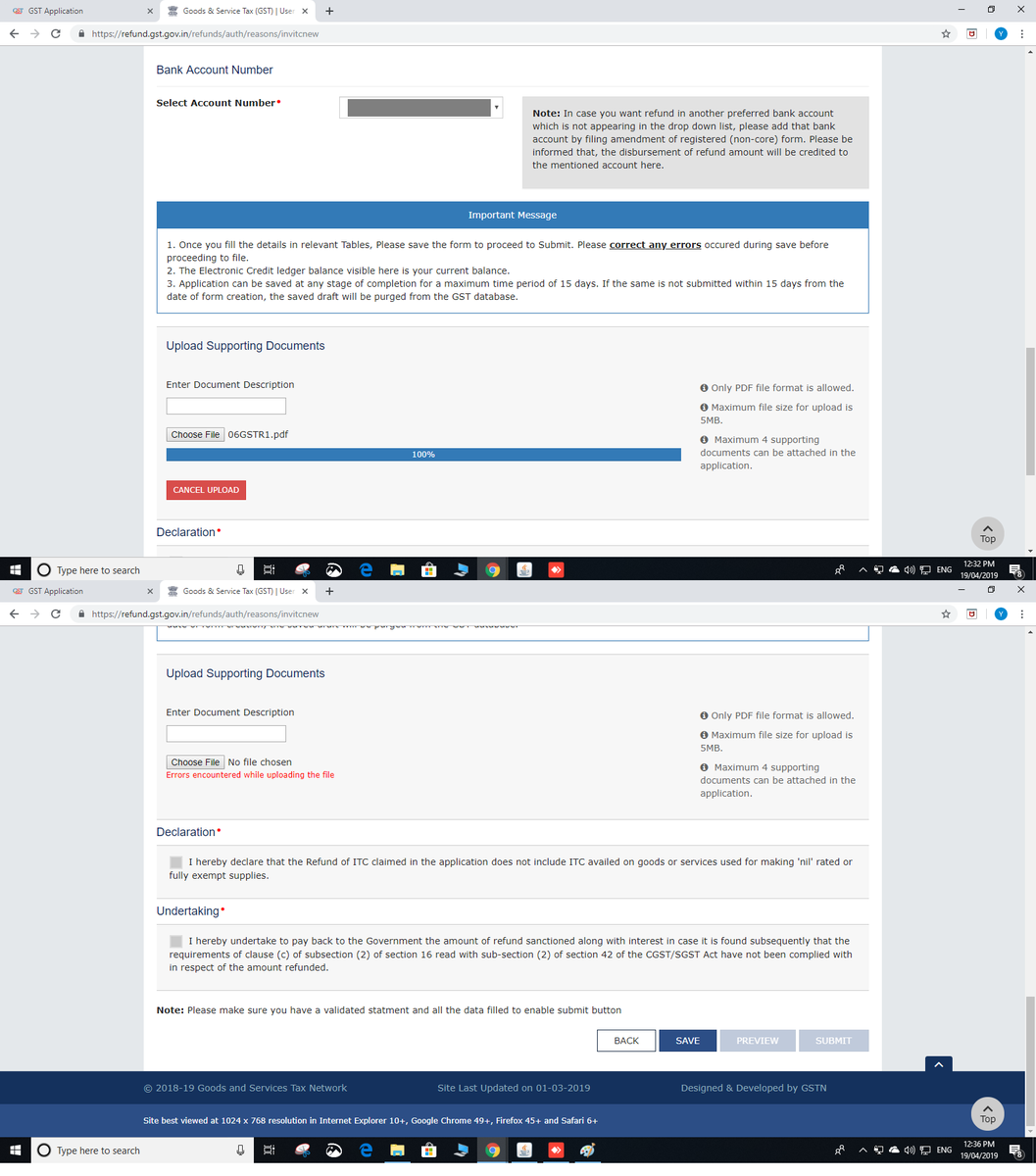 ankitpsaraogi's tweet photo. @askGSTech Please resolve: Unable to upload supporting documents RFD01A (Inverted Tax Structure). Error: Errors encountered while uploading the file
Already deleted the cookies &amp; other internet files. Have tried in 3 browsers and 3 pcs. Have also raised a ticket 201904175686969 https://t.co/2rPwYVy4Uw