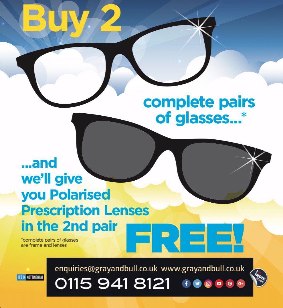 Yes that's right. Buy two frames (one with lenses) and we'll give you FREE polarised prescription sunglass lenses in the second frame. Limited time offer, so be quick. Call us to book your appointment 0115 9418121.
#Offers #Sunglasses #polarised #polarized #sun #limitedoffer