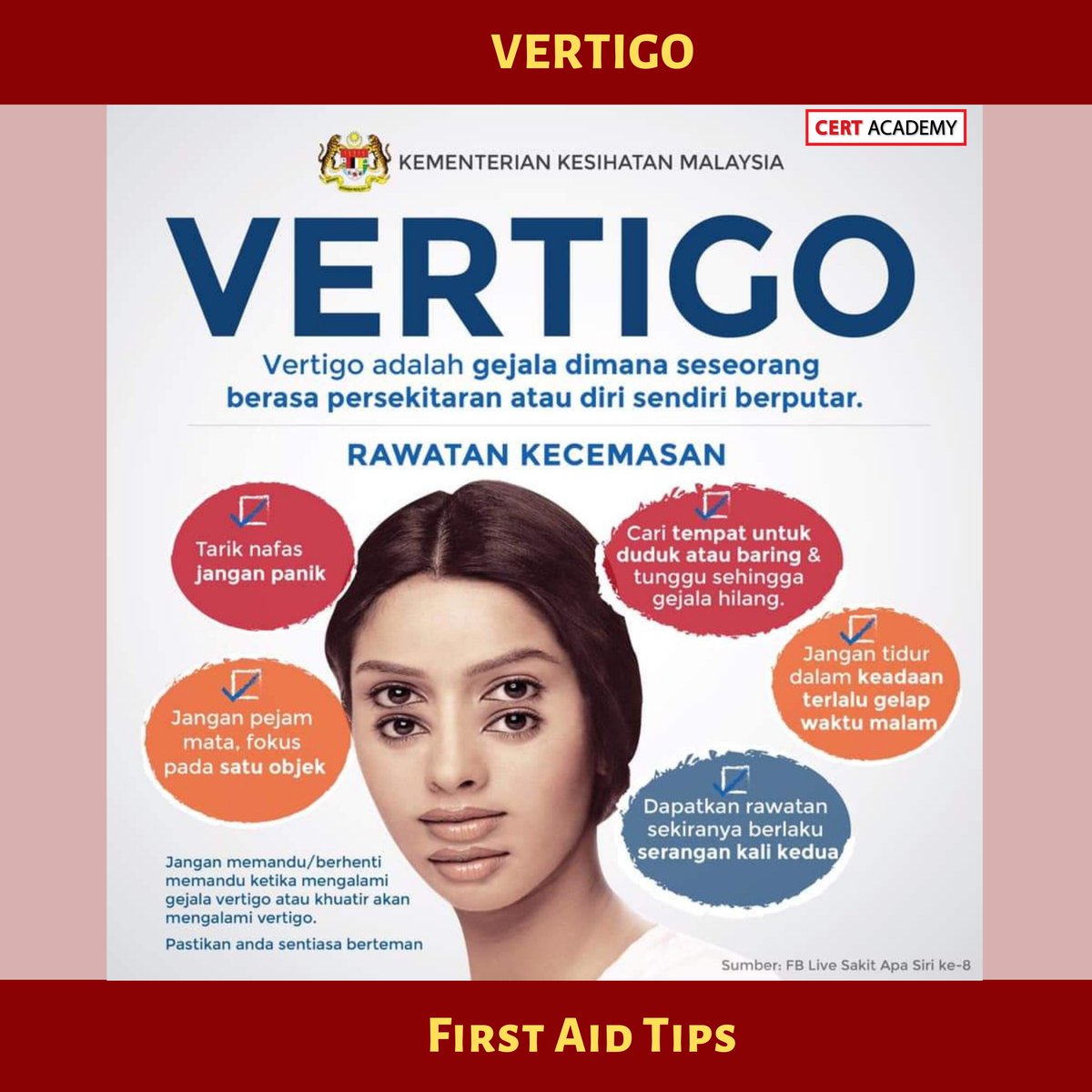 CERT_Academy's tweet photo. ✅ Pernah tak anda bangun pagi dan terasa kepala seolah berpusing dan hampir tumbang? Keadaan ini dinamakan sebagai VERTIGO ‼️
https://t.co/4j6Bc0hoxQ

#PerangiMITOS
#PertolonganCemas
#CERTAcademy
#CertifiedFirstAider https://t.co/oNF5rMxWYW