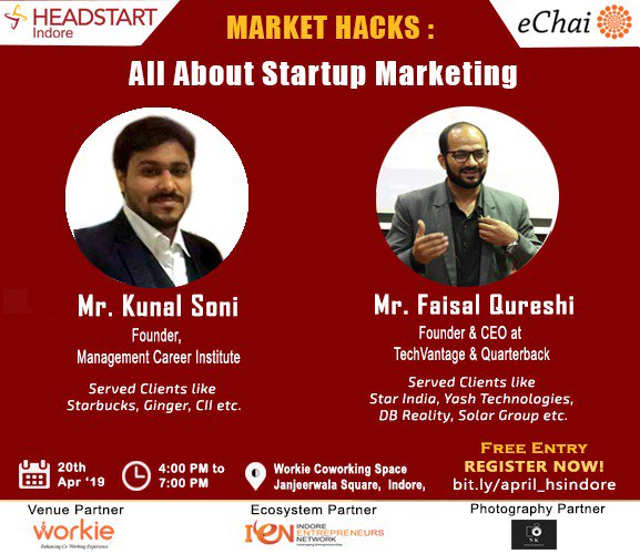 WorkieIndia's tweet photo. Be a part of an insightful event, "Market Hacks: All About Startup Marketing" by Mr. Kunal Soni &amp; Mr. Faisal Qureshi on 20th April'19 (4 PM-7 PM) at Workie, Janjeerwala Indore.

Register Now!!
https://t.co/Ov5EGBwGUH

#WorkieIndia #Indore #Startups  #Enterpreneurs #StartupEvent https://t.co/5ScgQEAZgC