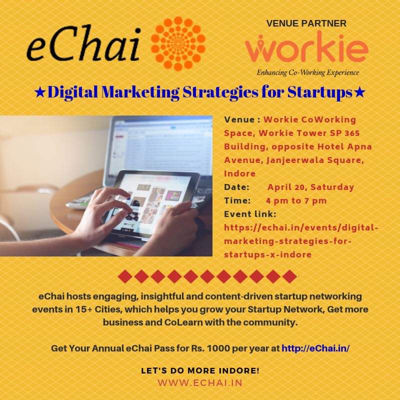 WorkieIndia's tweet photo. Be a part of an insightful event, "Market Hacks: All About Startup Marketing" by Mr. Kunal Soni &amp; Mr. Faisal Qureshi on 20th April'19 (4 PM-7 PM) at Workie, Janjeerwala Indore.

Register Now!!
https://t.co/Ov5EGBwGUH

#WorkieIndia #Indore #Startups  #Enterpreneurs #StartupEvent https://t.co/5ScgQEAZgC