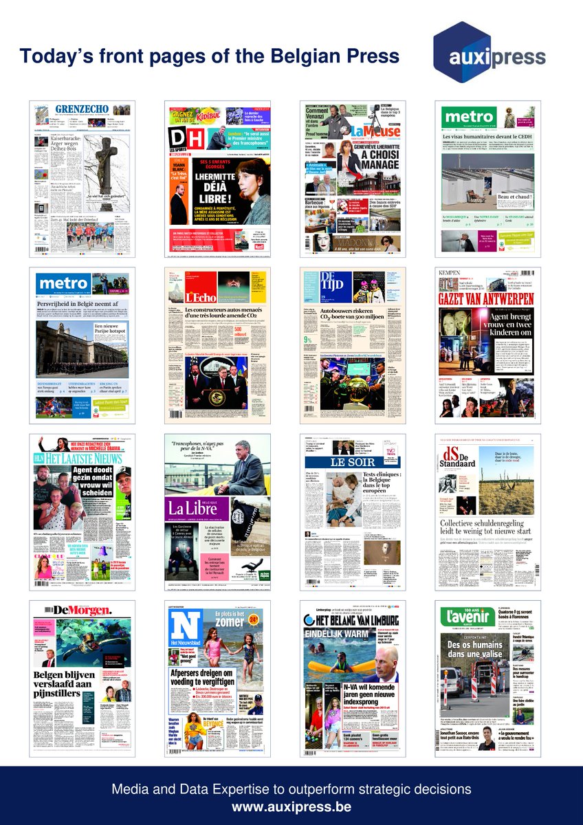 #Newsoftheday 📰💡📝- Discover today's front pages of the #BelgianPress !
#Handball #Standard #Genk #Kidibul #Anderlecht #JanJambon #YoannBlanc #GenevièveLhermitte #PreudHomme #Radars #Barbecue #CEDH #NotreDameDeParis #NotreDame #Brexit #CO2 #TrumpRussia #KanyeWest #Beyonce