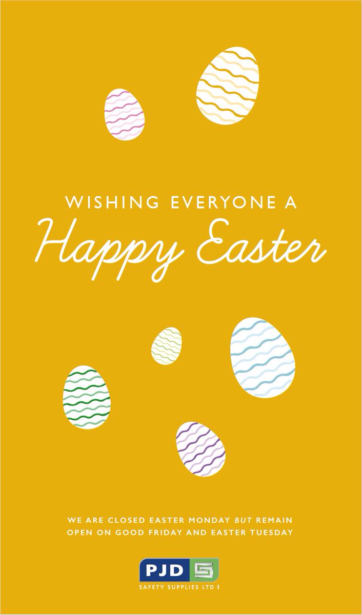 Happy Easter from the team at PJD SAFETY SUPPLIES LTD.

We are closed Easter Monday but remain open today, Good Friday!

#Easter #PPE #PJD #PJDsafetysupplies